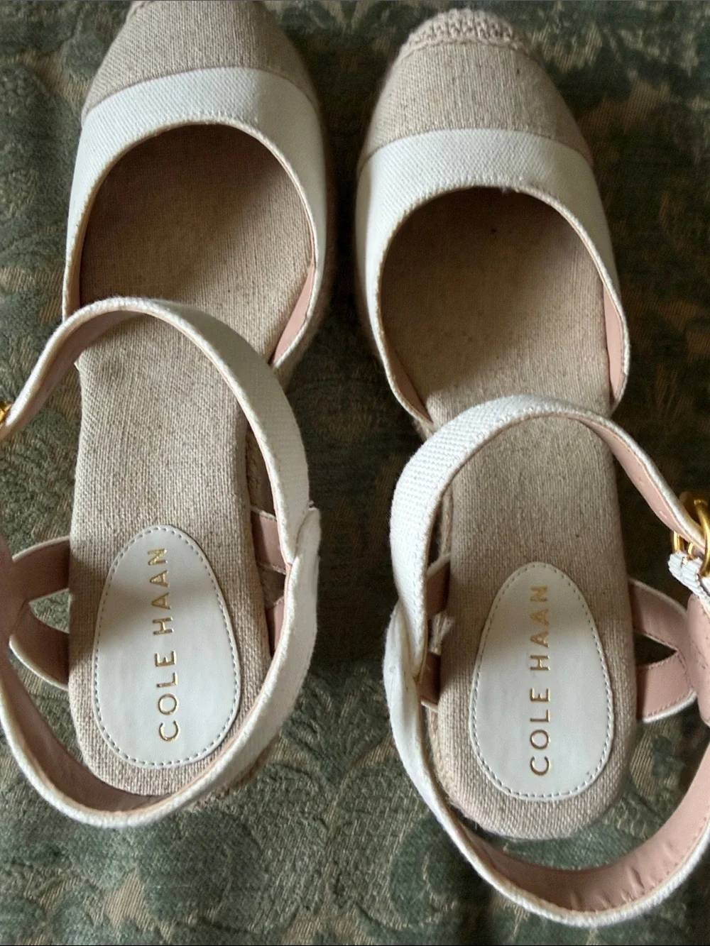 Cole Haan Cream and Tan Canvas Espadrille Wedge Sandals